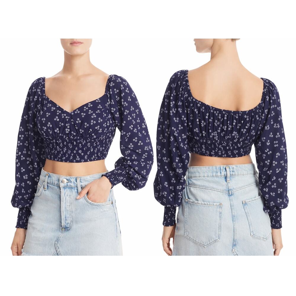 Finders Keepers Frida Blue Floral Smocked Crop Top Puff Sleeve Womens Med